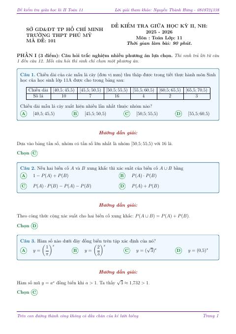 Đề thi Giữa kì 2 Toán 11 năm 2025-2026 trường THPT Phú Mỹ (TP Hồ Chí Minh)